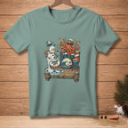 Octopus and melting snowman playing drums on a dock with "Drum Off." text.