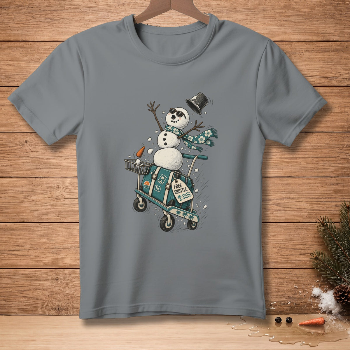 Snowman with sunglasses and scarf on a luggage cart with text "FREE SHUTTLE".