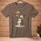 Melting snowman sitting on chair holding mug that says "Stay Frosty".