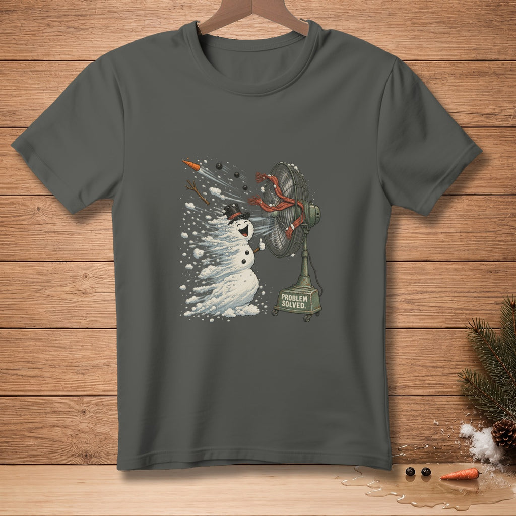 Snowman blowing snow with fan that reads "PROBLEM SOLVED."