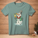 Melting snowman in Hawaiian shirt holding a drink with "Classy" text.