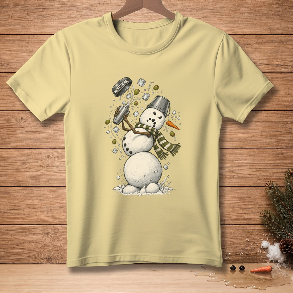 Light yellow t-shirt with a snowman cocktail shaker illustration and the word "PROFESSIONAL".