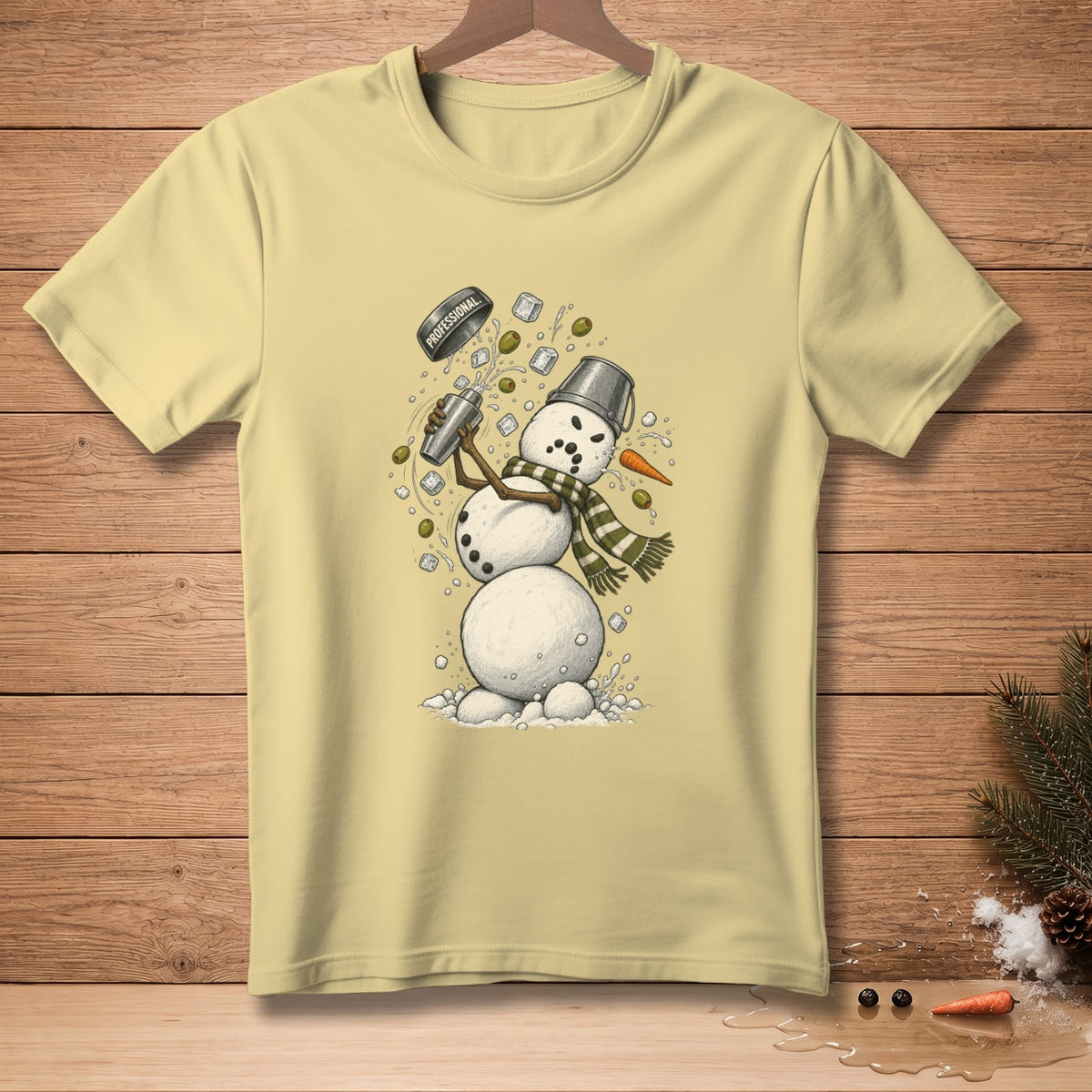 Light yellow t-shirt with a snowman cocktail shaker illustration and the word "PROFESSIONAL".