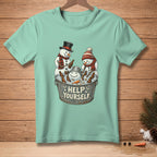 Three snowmen in a bucket of ice with beer bottles, reads "Help Yourself".
