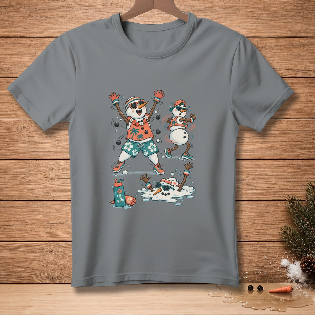 Gray t-shirt with a cartoon print of snowmen in beach attire, one melting.