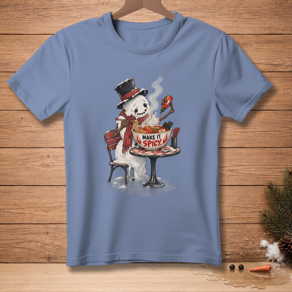 Snowman in top hat eating ramen, "Make It Spicy" text on bowl.