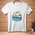 Two snowmen fishing from a wooden dock with fish in the water.