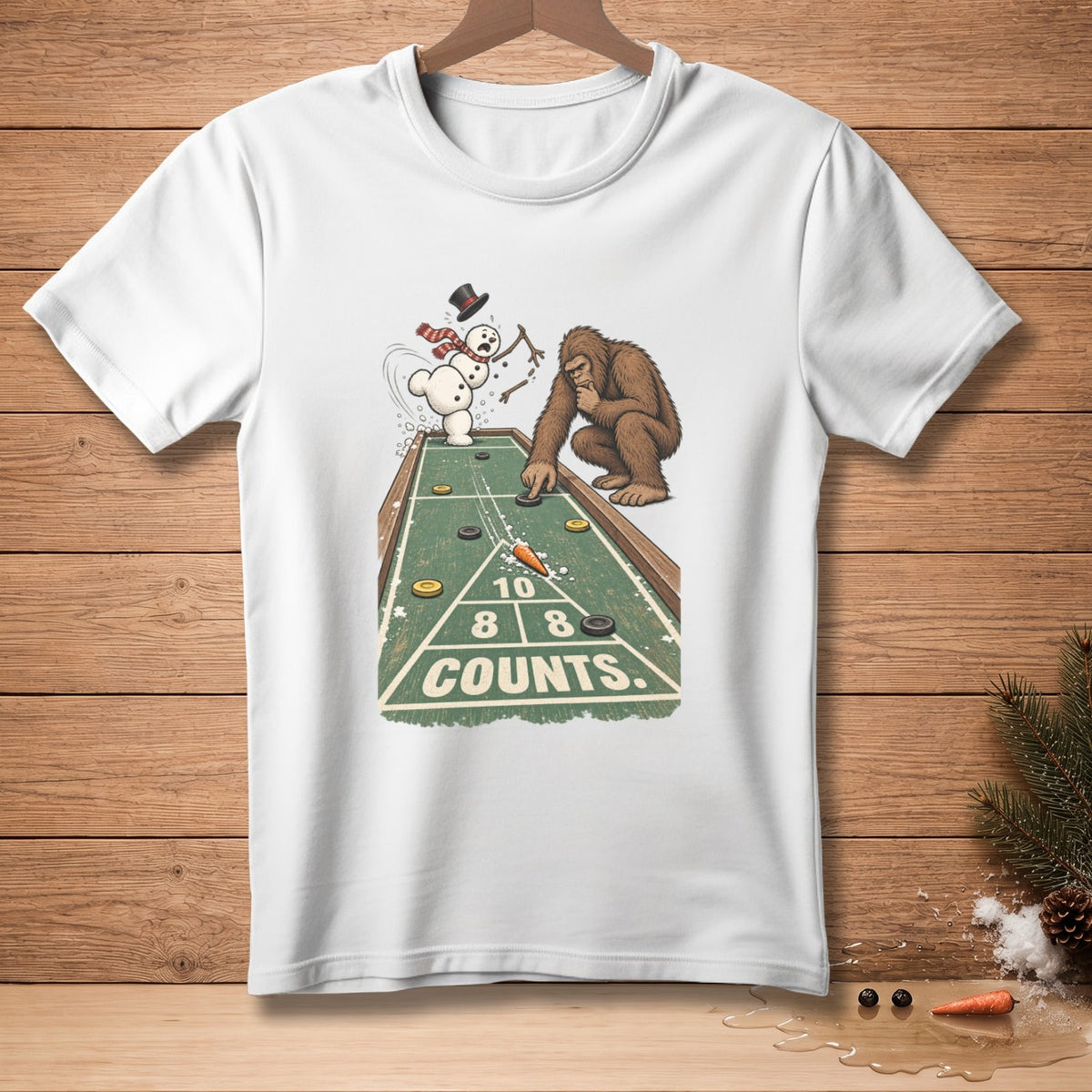 Bigfoot and snowman playing shuffleboard, with "Counts" text on the board.