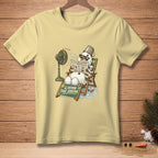 Snowman with bucket hat reads "Retirement Times" newspaper on a lounge chair.