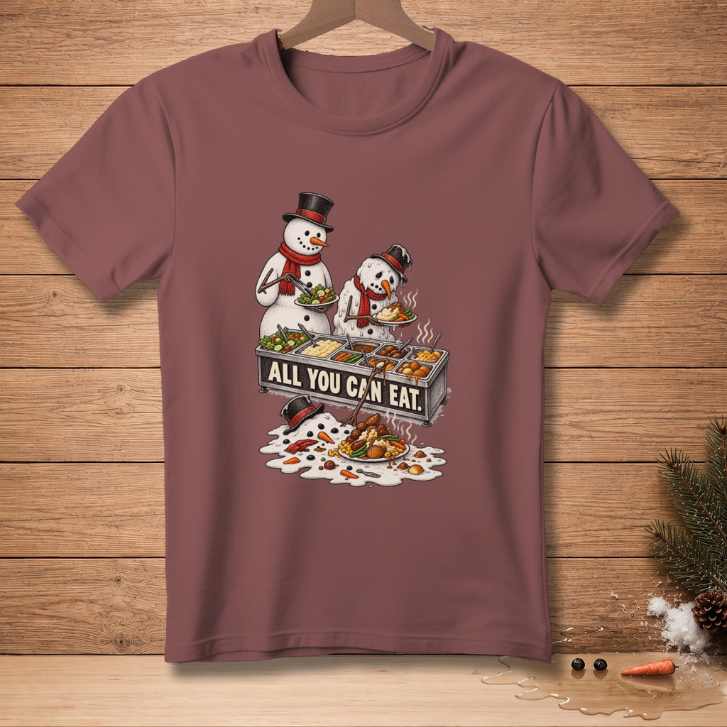 Two snowmen at a buffet with text "ALL YOU CAN EAT."
