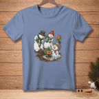 Snowmen gardening with tropical flowers, one digging, one watering.