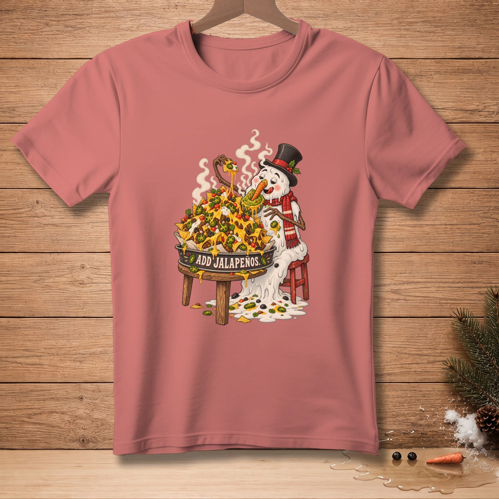 Snowman in top hat eating nachos from a bowl with "ADD JALAPENOS" text.