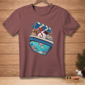 Snowman and couple in boat with aquarium featuring fish and coral.