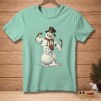 Muscular snowman with top hat, scarf, and "42 PEAK CONDITION" tag, melting slightly.