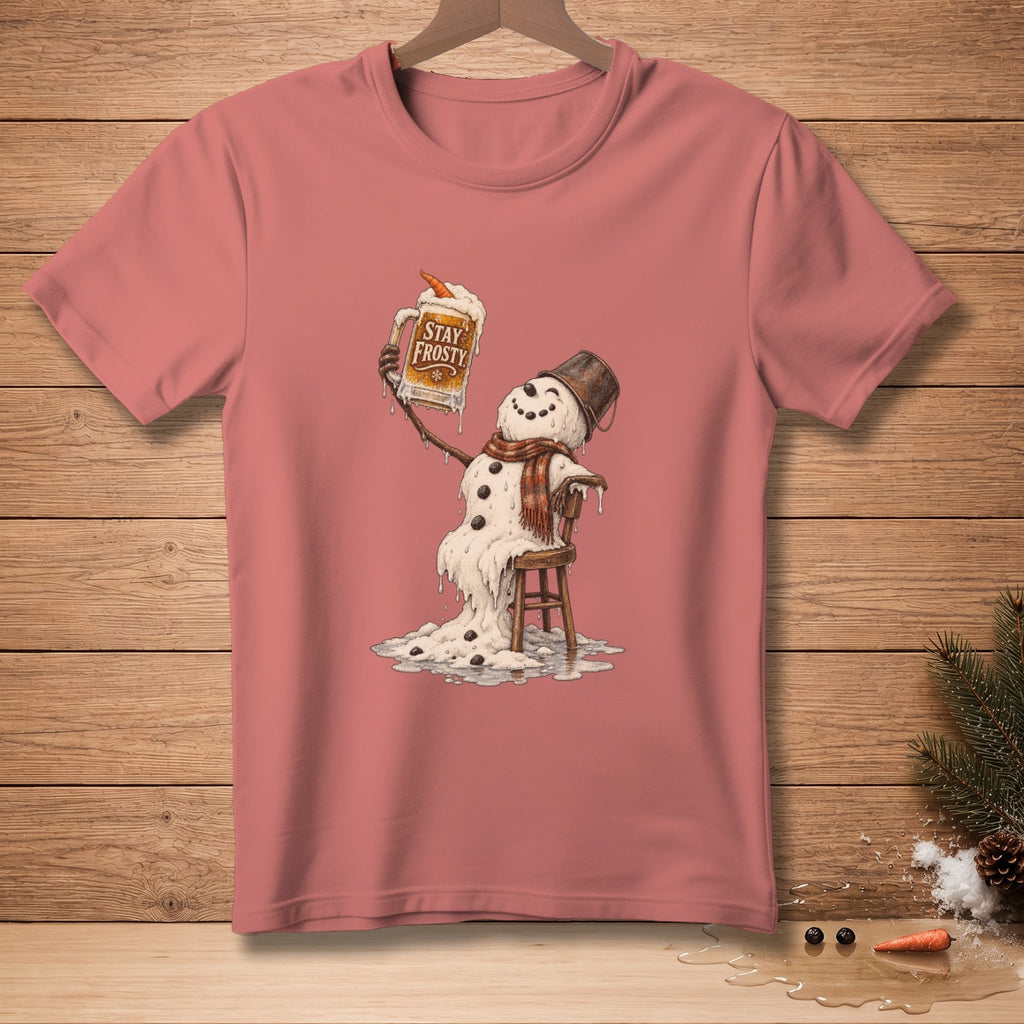 Melting snowman on chair holding mug with "Stay Frosty" text.