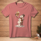 Melting snowman on chair holding mug with "Stay Frosty" text.