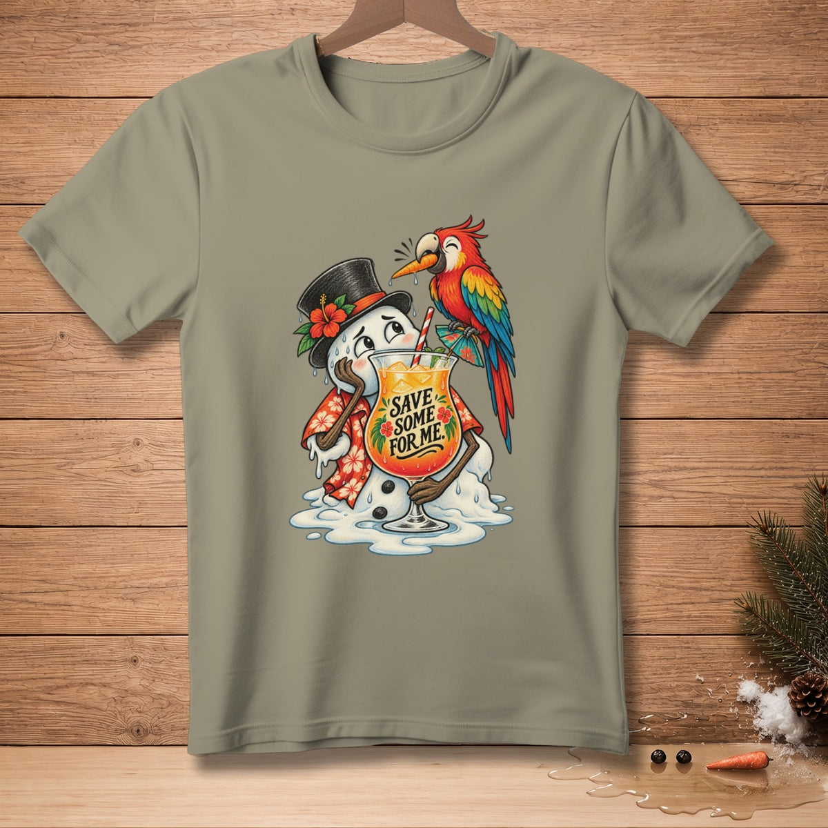 Melting snowman in Hawaiian shirt holds tropical drink with parrot saying "Save Some For Me."
