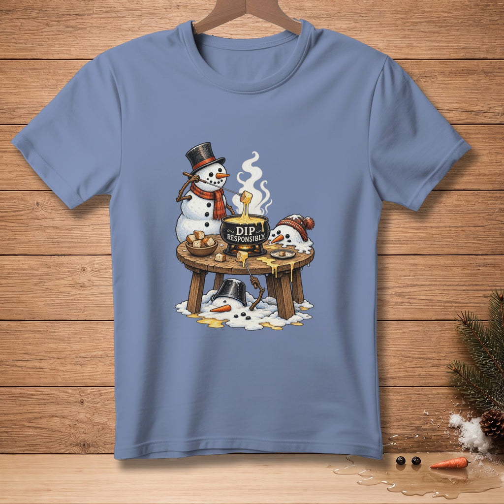 Snowmen dipping bread in fondue, one melting with text "DIP RESPONSIBLY".