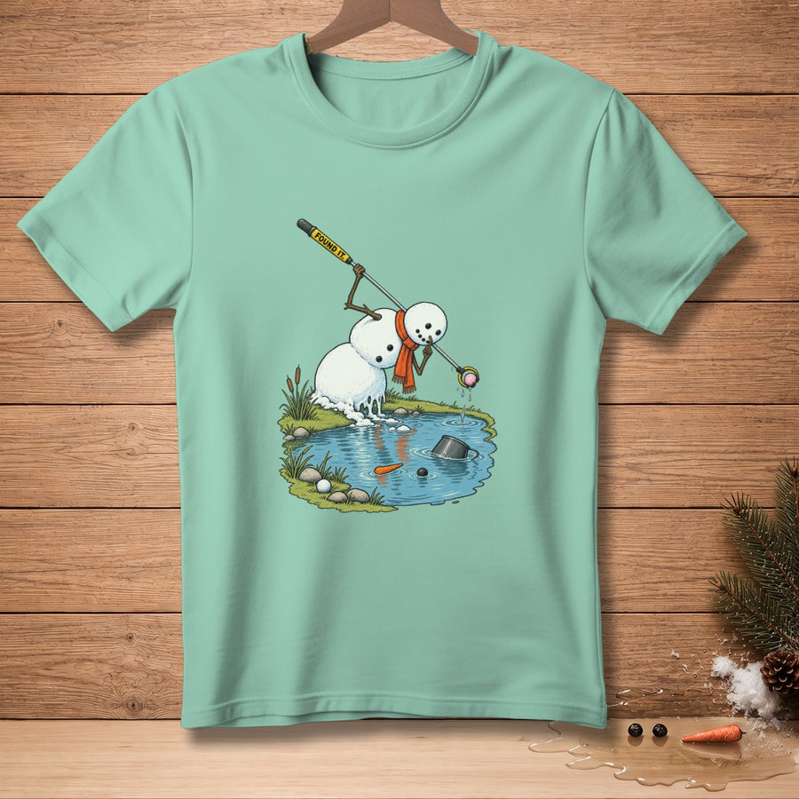 Snowman fishing for a golf ball in a pond with a carrot nose.
