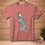 T-shirt with snowmen sliding down a water slide, text "ONE MORE TIME."