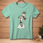 Mint green t-shirt with a melting snowman opening a bottle of wine.