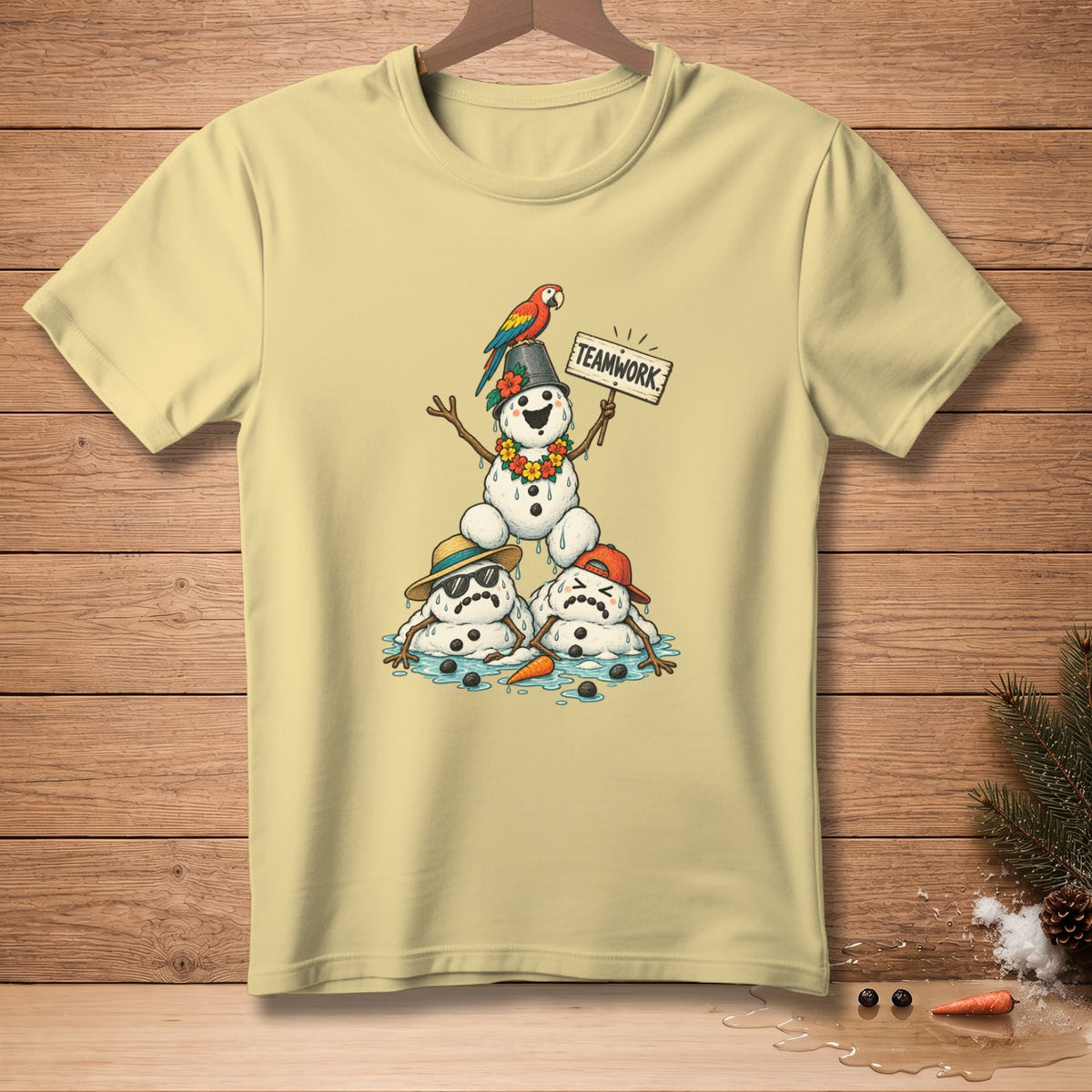 Melting snowmen with sad faces, one holding a "TEAMWORK" sign and a parrot.
