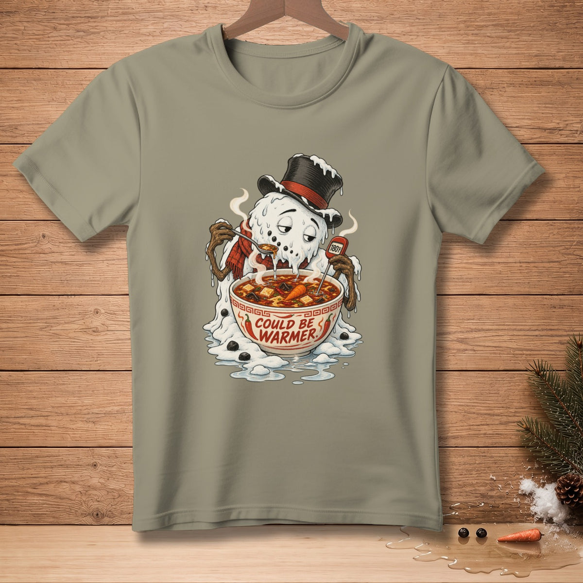 Melting snowman in a top hat eats soup labeled "Could Be Warmer."