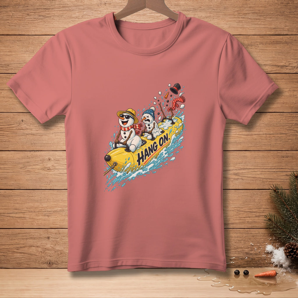 T-shirt with cartoon snowmen riding a banana boat, saying "Hang On."