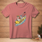 T-shirt with cartoon snowmen riding a banana boat, saying "Hang On."
