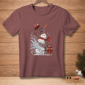 Snowman wearing a scarf spraying water from a fire hydrant with a carrot in the air.