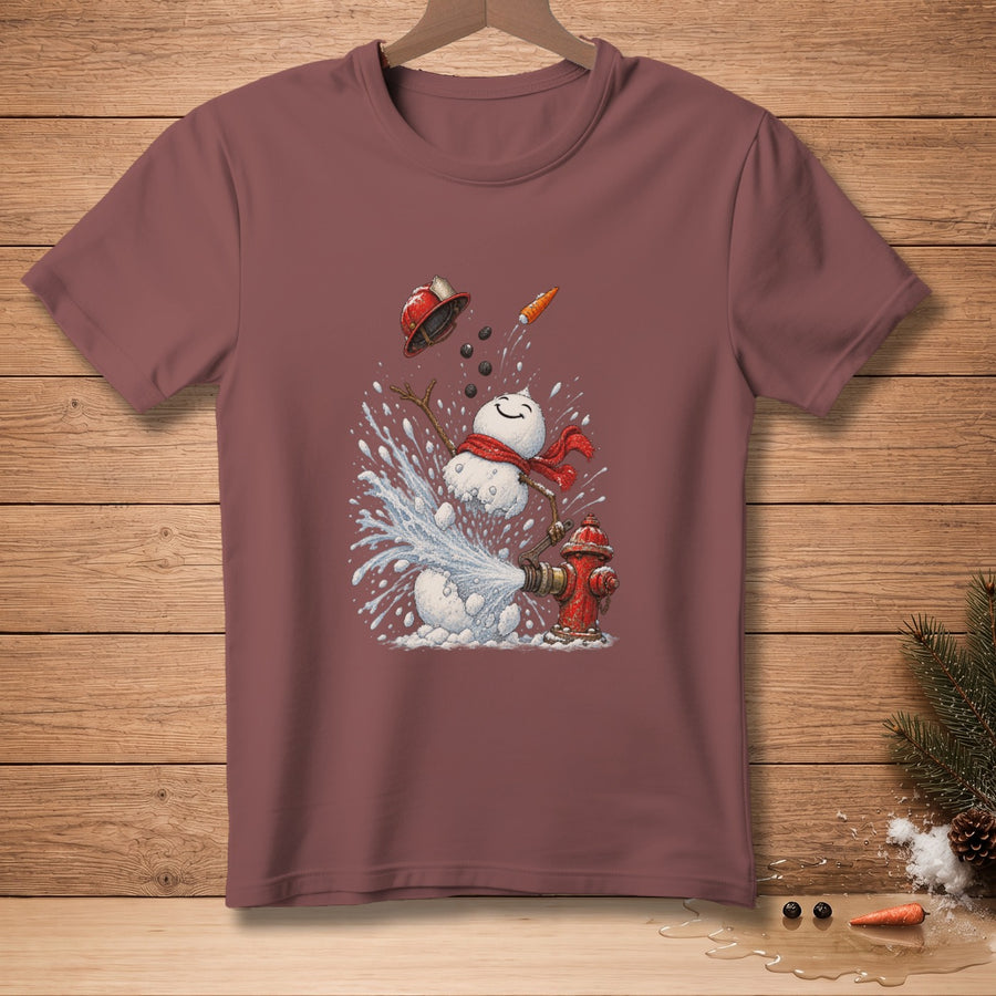 Snowman wearing a scarf spraying water from a fire hydrant with a carrot in the air.