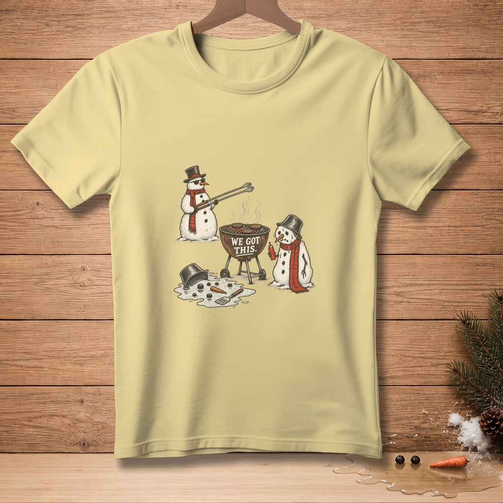 Yellow t-shirt with snowmen grilling and the text "WE GOT THIS."