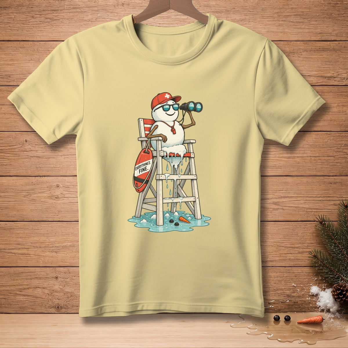 Snowman lifeguard in a red hat and sunglasses watches with binoculars.