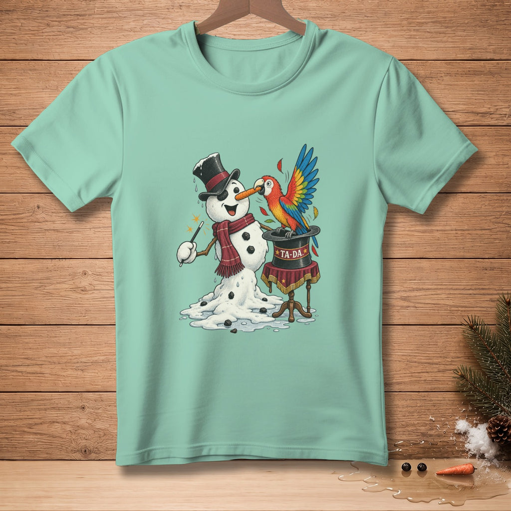Snowman with top hat and scarf holding wand near parrot on hat that says TA-DA.