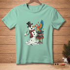 Snowman with top hat and scarf holding wand near parrot on hat that says TA-DA.