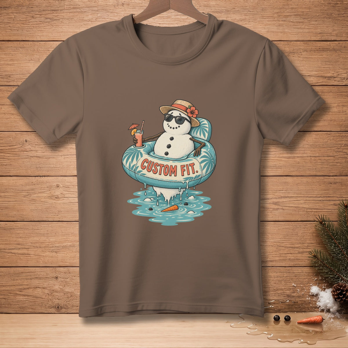 Snowman in inner tube with drink and sunglasses, "CUSTOM FIT" text.