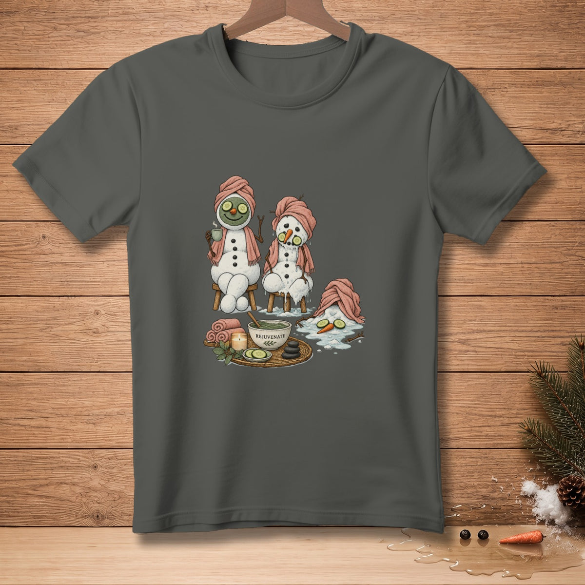 Snowmen with spa treatments, featuring cucumbers, tea, and a "REJUVENATE" bowl.