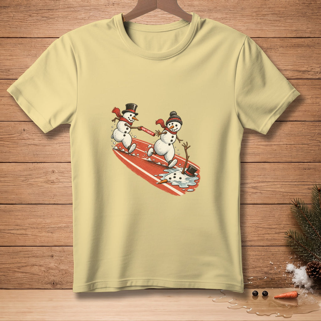 Two snowmen surfing a red surfboard with text "DON'T DROP IT".