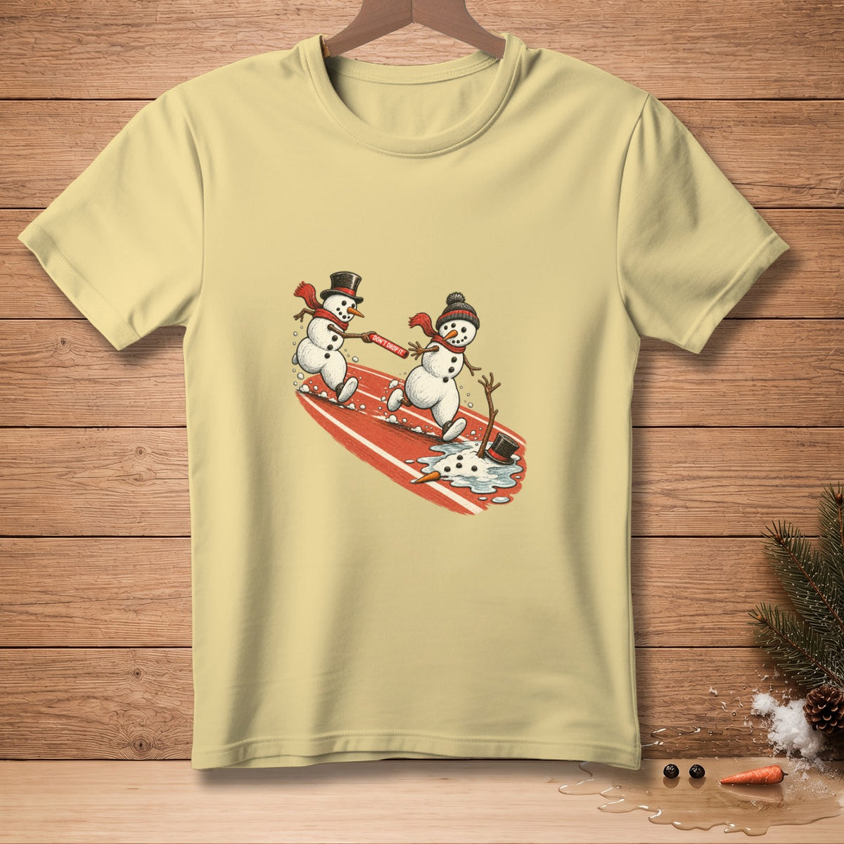 Two snowmen surfing a red surfboard with text "DON'T DROP IT".