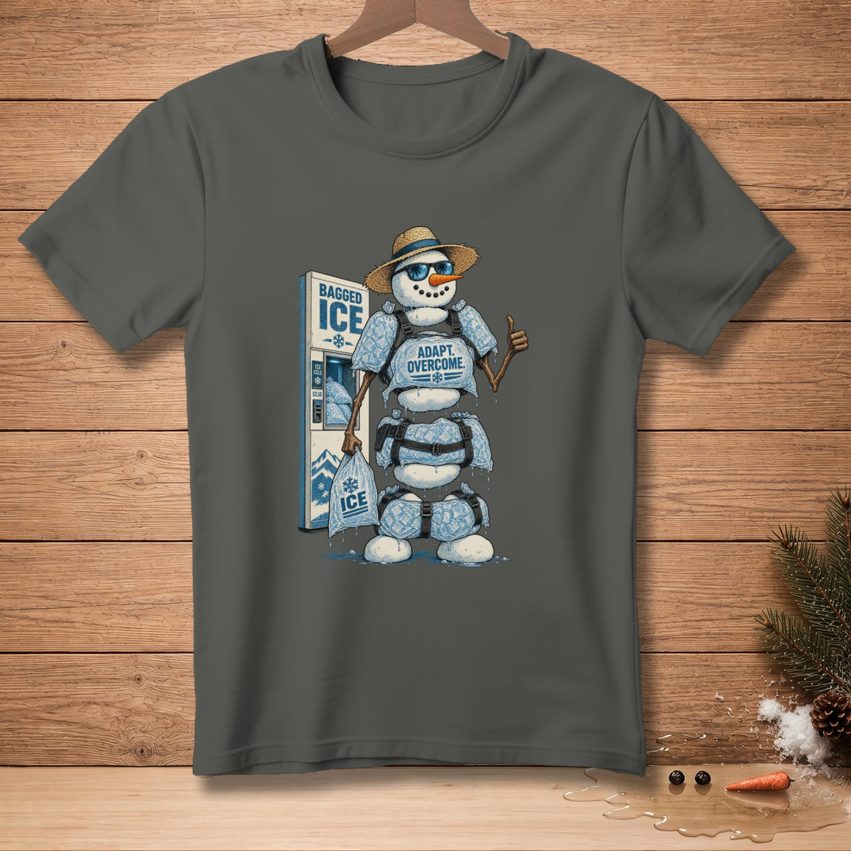 Snowman with sunglasses and hat holds bag of ice next to ice machine.