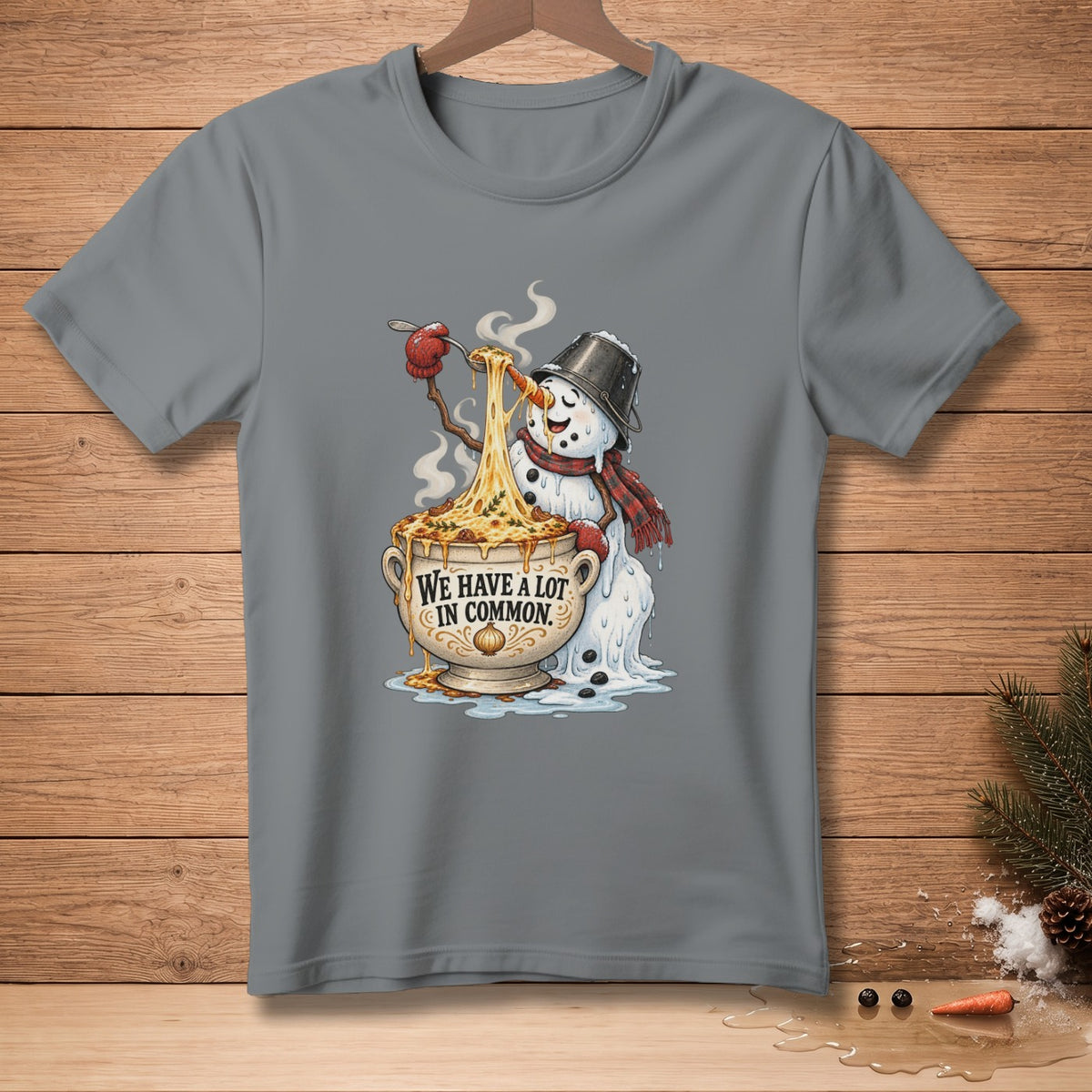 Snowman eating pasta with "We have a lot in common" text.