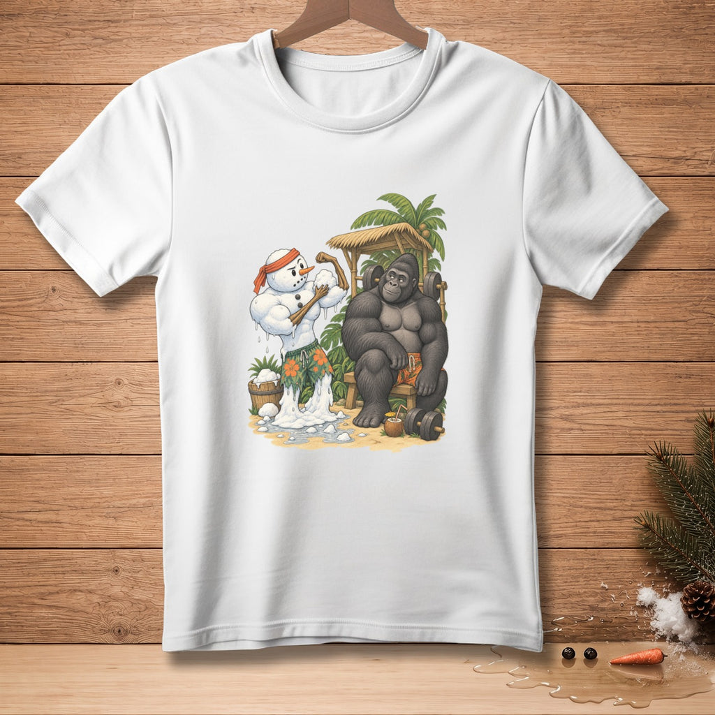 Cartoon snowman flexing muscles next to a gorilla in a tropical gym setting.