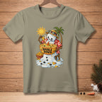 Melting snowman in Hawaiian shirt eats nachos from a bowl labeled "Double Down".