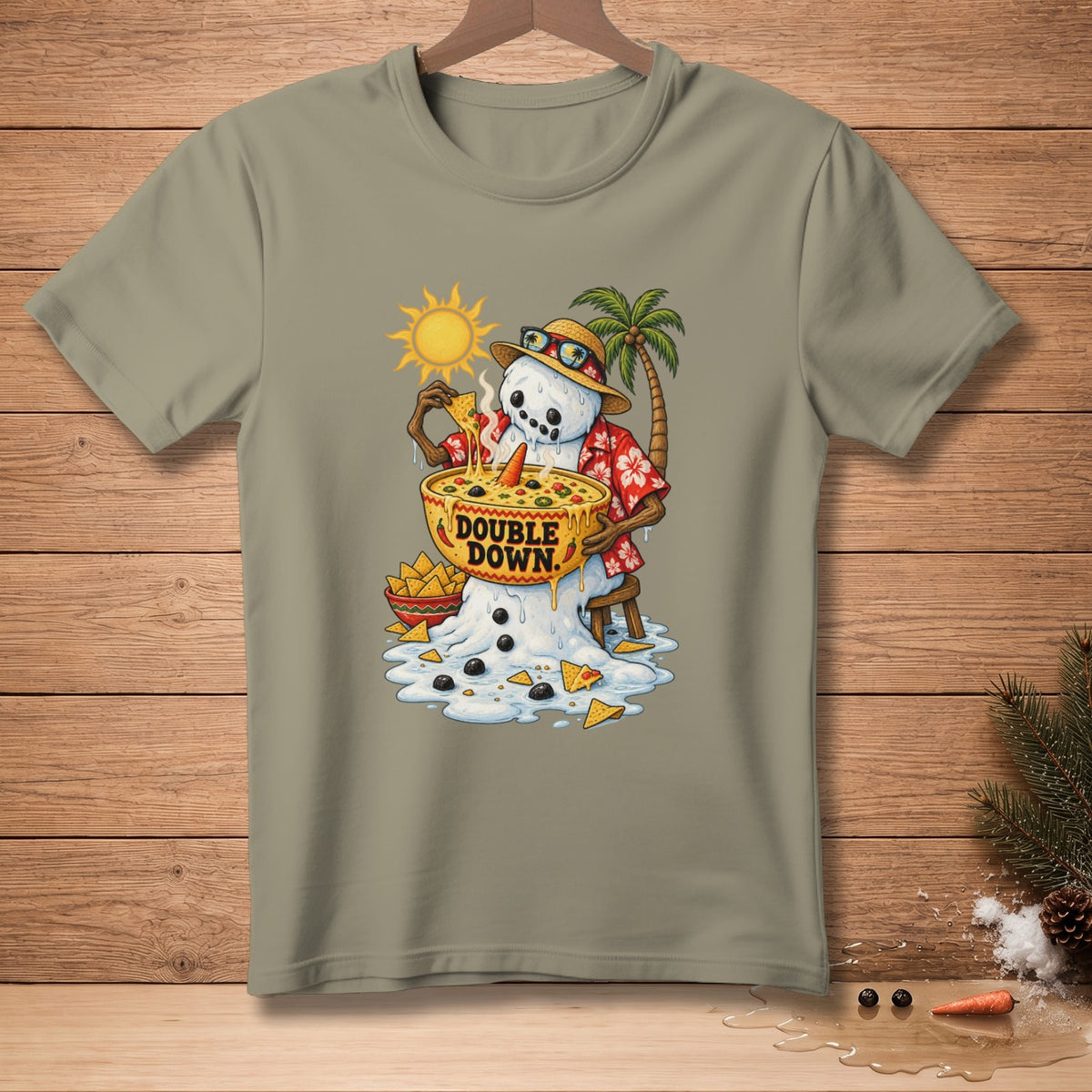 Melting snowman in Hawaiian shirt eats nachos from a bowl labeled "Double Down".