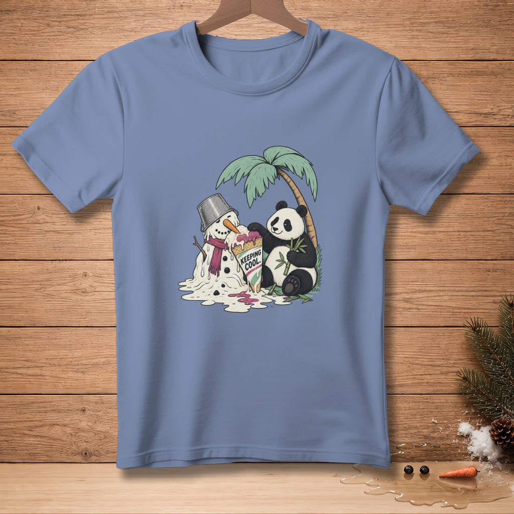 Panda shares melting ice cream with a melting snowman under a palm tree.