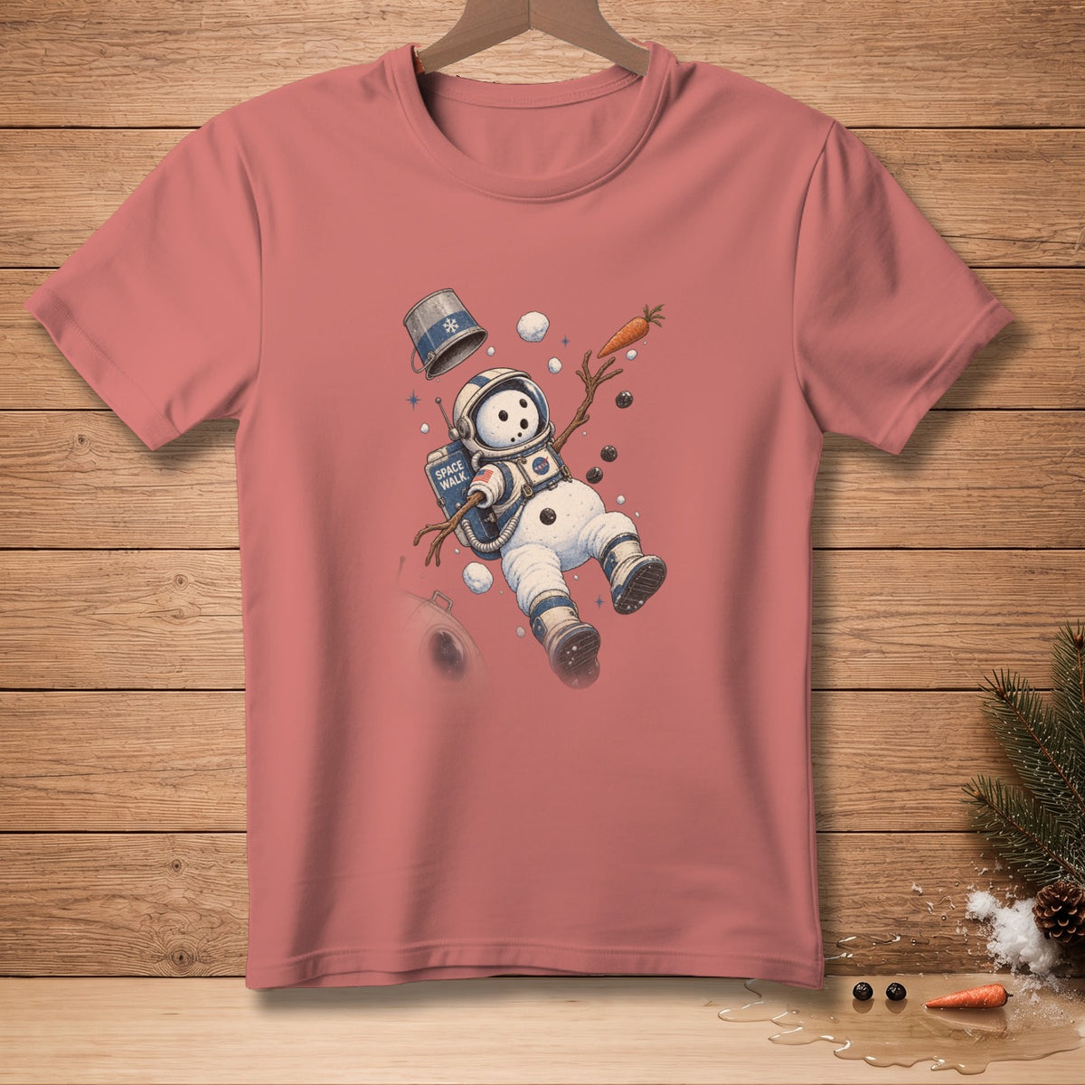 Snowman in astronaut suit with "Space Walk" text floating with carrot and bucket.