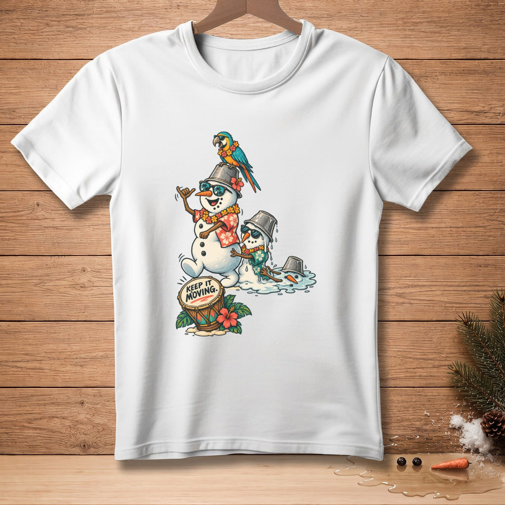 Snowmen wearing Hawaiian shirts and sunglasses with a parrot, near a drum with "KEEP IT MOVING."