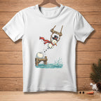 White t-shirt with a snowman swinging from a sign that says "SEND IT."