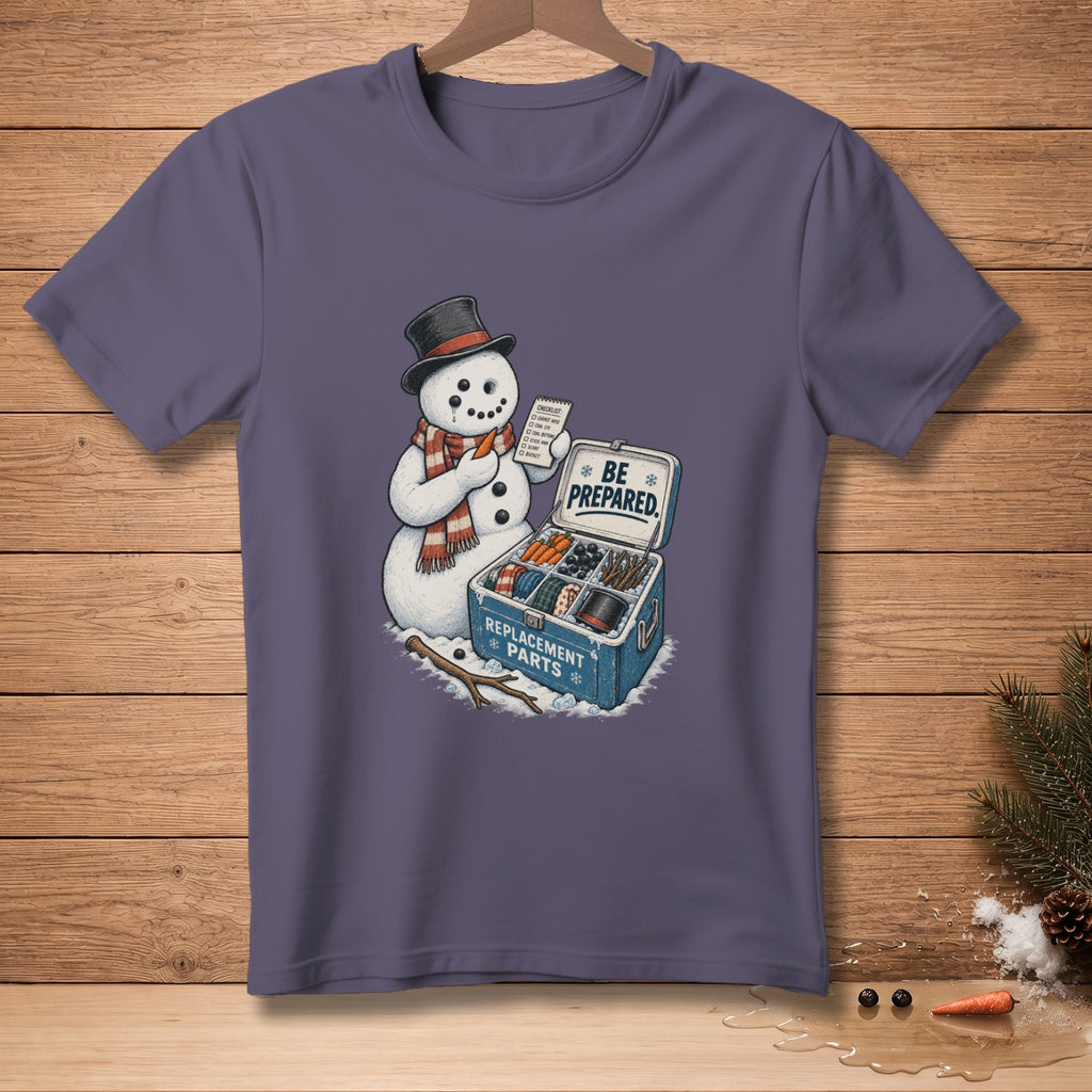 Snowman with checklist and open toolbox of replacement parts.