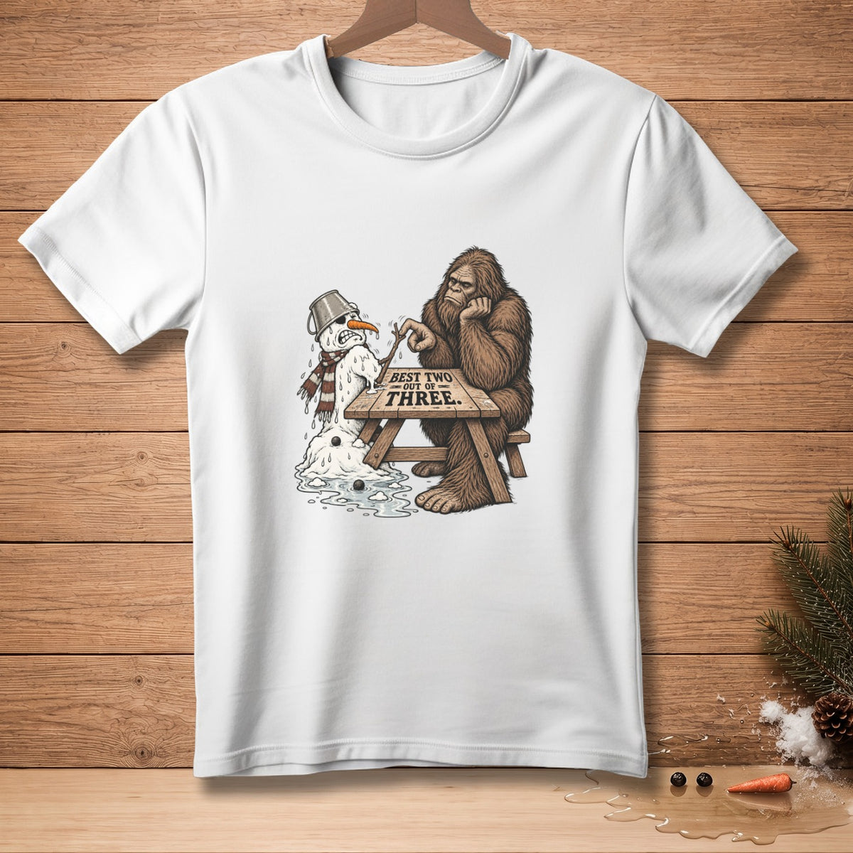 Bigfoot and melting snowman playing cards, text says "Best two out of three."